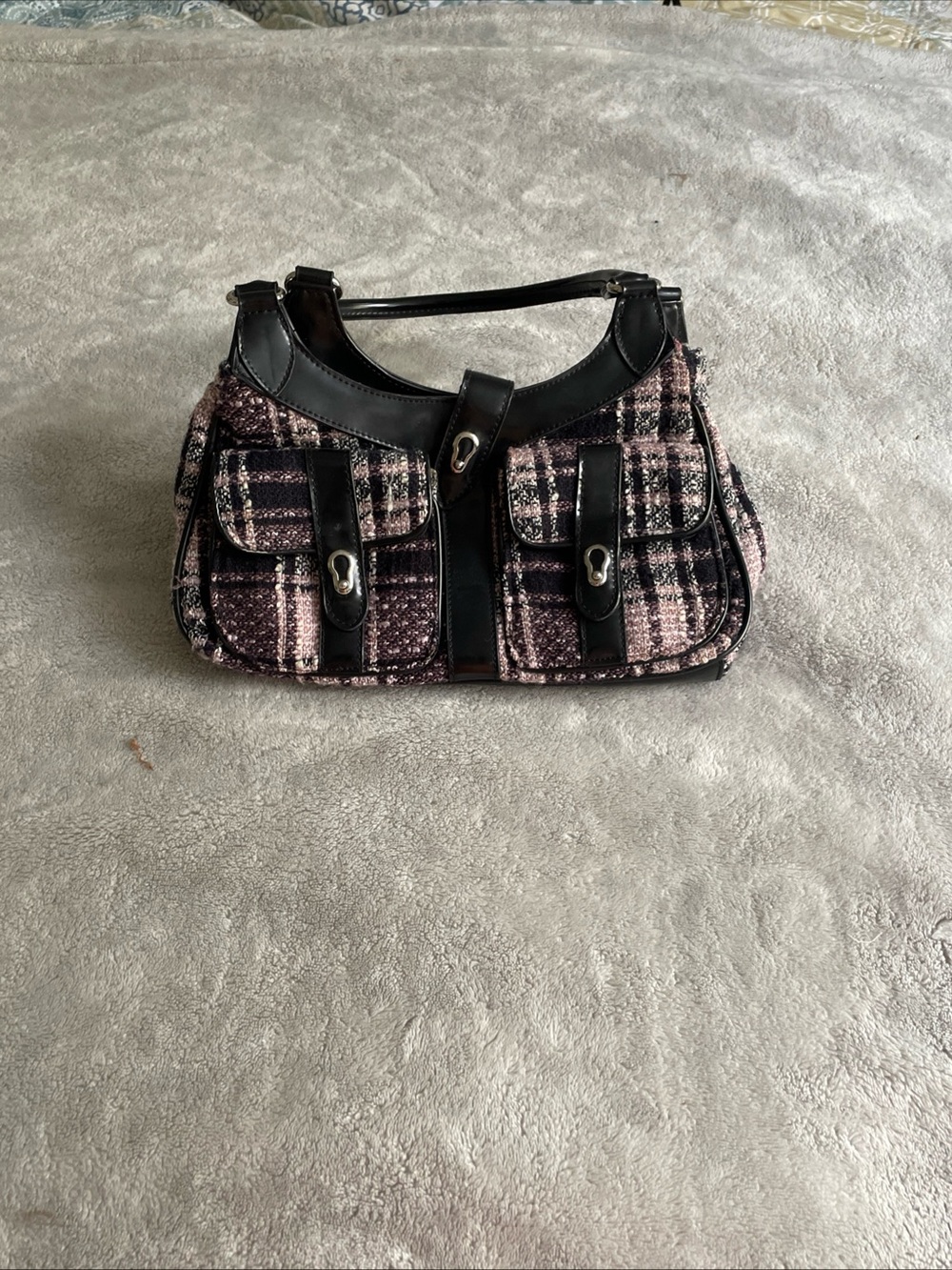 Y2K Black & Pink Plaid Shoulder Bag with Front Pockets